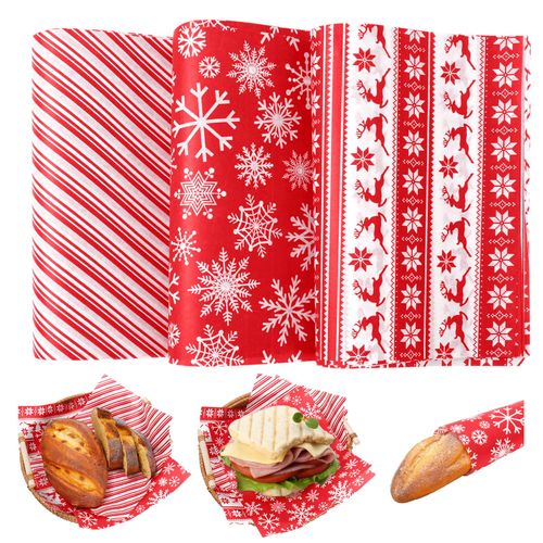 Whaline 150Pcs Christmas Wax Paper Sheets Red Snowflake Deer Stripe Parchment Paper Xmas Holiday Deli Paper Basket Liners Sandwich Food Wrapping Tissue Paper for Home Kitchen Baking Picnic