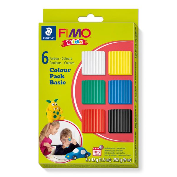 STAEDTLER 8032 01 FIMO Kids Super Soft Modelling Clay - Assorted Basic Colours (Pack of 6 Blocks)