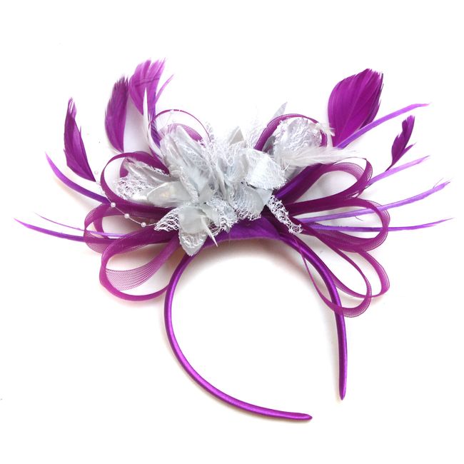 Caprilite Fashion Plum Magenta and Silver Feather Hair Fascinator Headband Wedding Royal Ascot Races Ladies