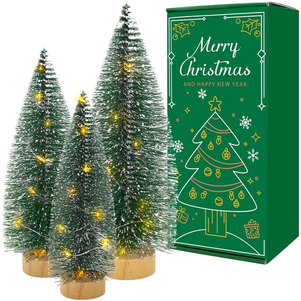 3 PCS Mini Bottle Brush Christmas Trees with Lights, Miniature Tabletop Christmas Tree for Christmas Decorations Indoor, Desktop Pine Tree Xmas Holiday Decor