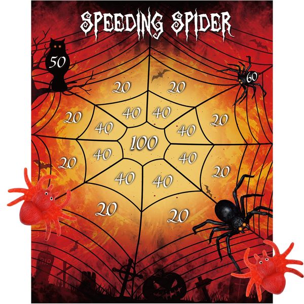 MIAHART Halloween Party Games Throw The Spider On The Web with XL Halloween Poster and 2 Sticky Spiders Family Game