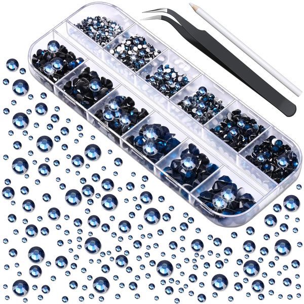 2000 Pieces Flat Back Gems Rhinestones 6 Sizes (1.5-6 Mm) Round Crystal Rhinestones with Pick up Tweezer and Rhinestones Picking Pen for Crafts Nail Clothes Shoes Bags DIY Art (Navy Blue)