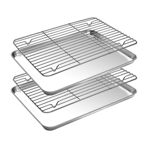 Baking Sheet with Cooling Rack Set(2 Baking Pans+2 Baking Racks), CEKEE Stainless Steel Non Stick Small Cookie Sheet Set, Size 10.39 x 8.07 x 1 Inch, Easy to Clean Small Baking Sheet with Rack Set