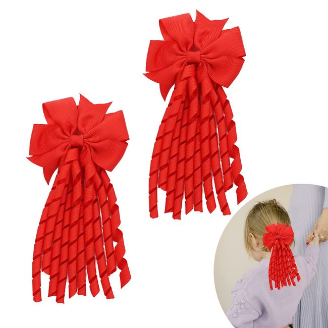 MUFEKUM 2 Pcs Hair Bow Spiral Streamers, Curly Bow Hair Bands Kids Spiral Hair Ties Ponytail Holder Hair Ribbons Bobbles for Girls Toddler Kids, Girls School Hair Accessories (Red)
