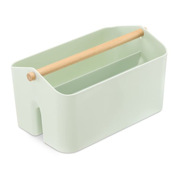 Navaris Plastic Organiser Box - Utensil Holder w/Wood Handle and 2 Compartments - Storage Container for Bathroom Bedroom Kitchen - Mint Green, Medium