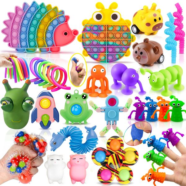 Lubibi Fidget Toys Set,31 Pcs Fidget Pack For Anxiety Relief Stress Sensory Toys Fidget Box with Finger Puppets Bubble Pop Stress Ball Birthday Party Favors for Kids and Adults