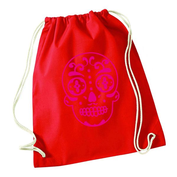 Flox Creative Red Drawstring Bag Neon Pink Sugar Skull