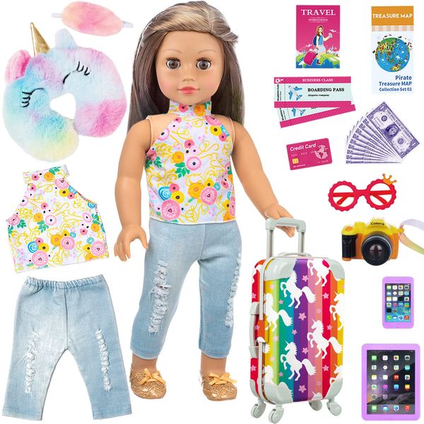 ZITA ELEMENT 24 Pcs 18 Inch Girl Doll Clothes and Accessories Travel Suitcase Set for 18 Inch Doll Accessories Unicorn Stuff