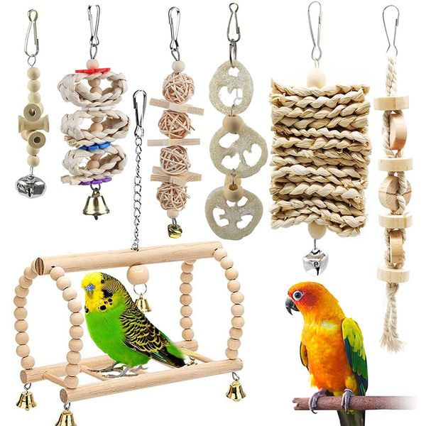 Aidiyapet Bird Toy, Bird Toy, Parrot Swing, Bird Goods, Bird Playground, Hanging Toy, Buddy Parrot Toy, Chew Toy, Combination, Shelf, Stand, No Raw Wood Paint (Set of 7)