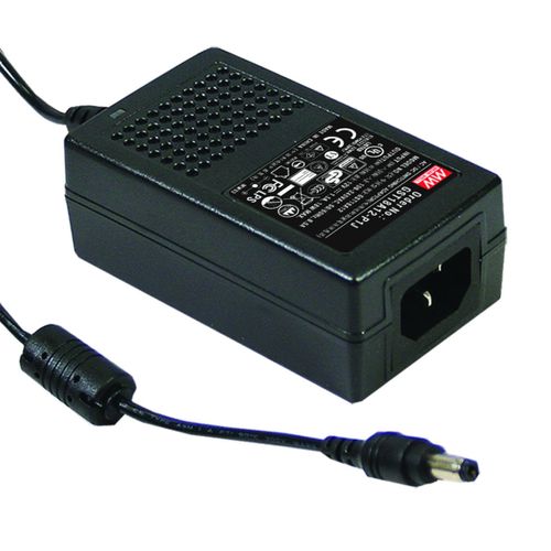 MEAN WELL GST18A24-P1J 3 Wire AC-DC High Reliability Industrial Table Top Power Supply, 2.1mm Plug Level VI, 24 Volt, 750 mA, 18 Watt
