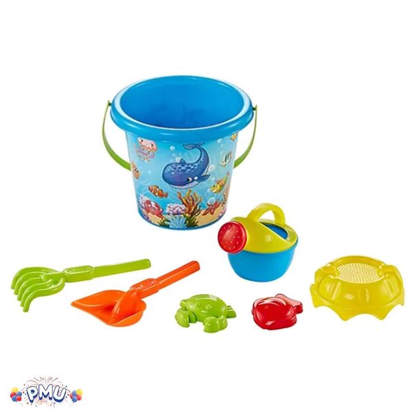 PMU Beach Sand Toy Set 7 pcs Includes Sand Mold, Beach Bucket, Mini Watering Can, Shovel and Rake Tool Great for Outdoor and Sand Play Pkg/1 (Fishes Blue Kit)