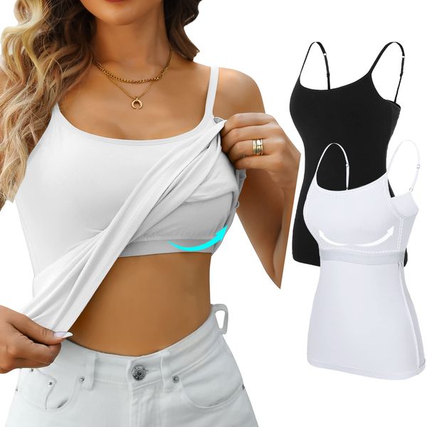 V FOR CITY Womens Tank Tops with Shelf Bras Cotton Shelf Bra Camisole Adjustable Spaghetti Strap Yoga Cami Shirt 2 Pack Black White