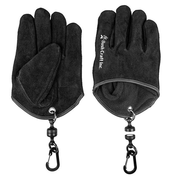 Bushcraft Leather Gloves, Quick Bonfire Gloves, Black, Size: Total Length: 8.1 inches (208 mm), Carabiner & Magnet Length: Approx. 4.7 inches (120 mm), Palm Circumference: Approx. 10.4 inches (265