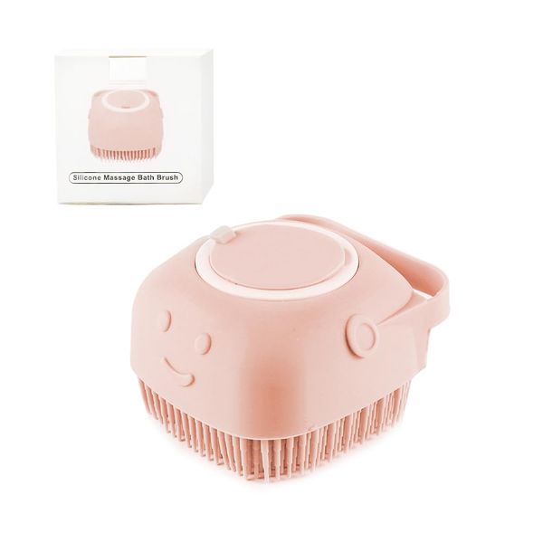 Dog Bath Brush, Soft Silicone Pet Shampoo Massage Dispenser Grooming Shower Brush - With Care Supplies Package Box for Shampoo (Pink)