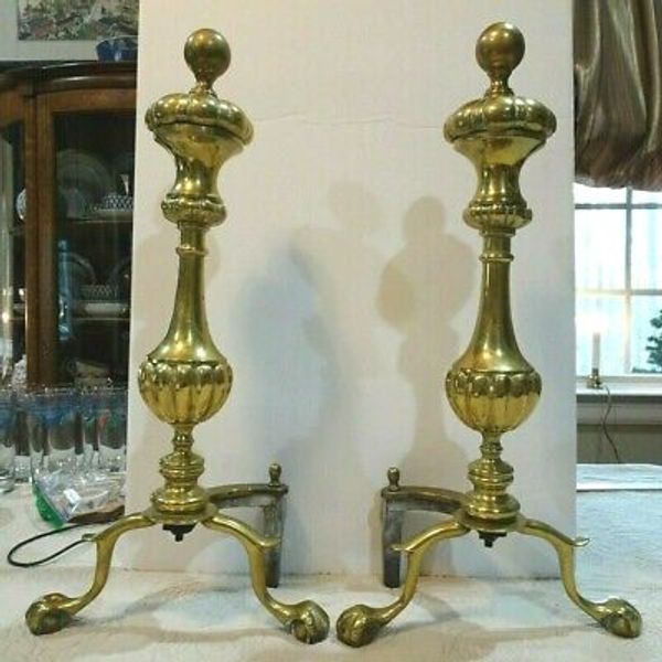 Vintage Solid Brass Andirons Sheffield NY Ball & Claw Feet Short Shank