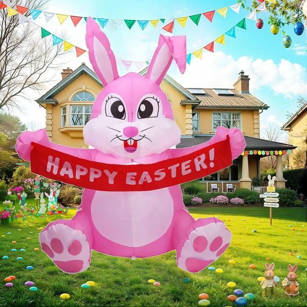 5FT Easter Pink Bunny Inflatable Lighted Yard Decorations LED Blow up Rabbit