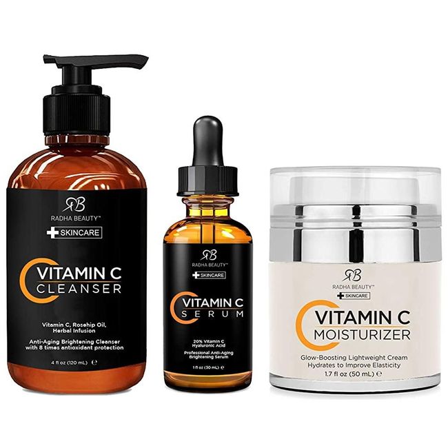 Radha Beauty Vitamin C Complete Facial Care Kit - 3-in-1 Anti-Aging Set with Cleanser Serum Moisturizer Day & Night Brightening Skin Gift for Dark Spots