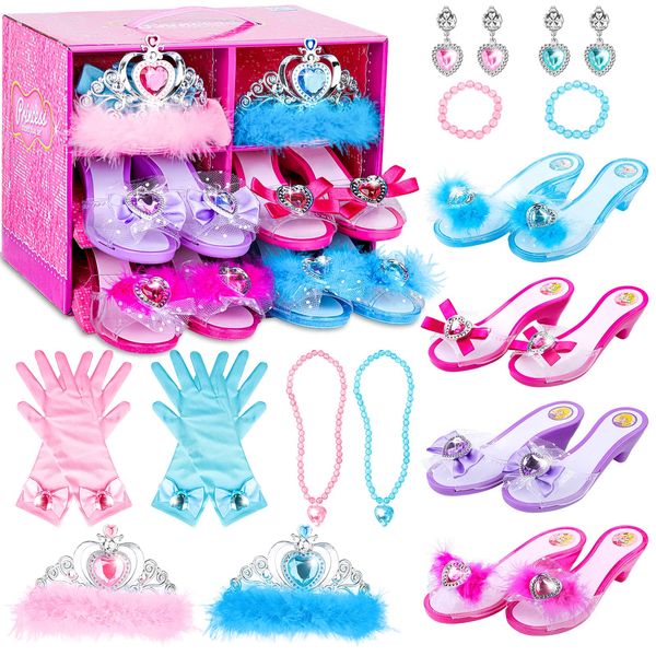 Girls Princess Dress Up Shoes and Jewelry Boutique DISHIO Upgraded Princess Shoes and Accessories with 4 Pair of Princess Play Shoes and Jewelry Set for Toddlers Little Girls Aged 3-6