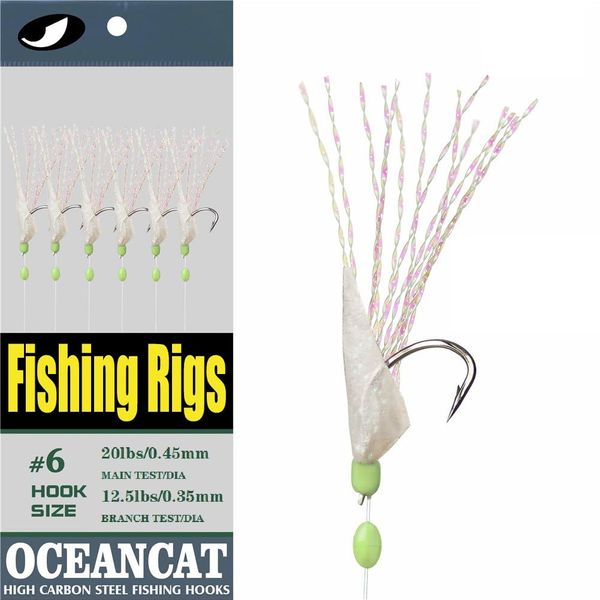 OCEAN CAT 10 Packs Rainbow Lucid Fishskin 6 Hooks Fishing Rigs with String Hooks Glow Fishing Beads High Carbon Hooks for Freshwater Saltwater Fishing Lures Bait Rig Tackle (12#)