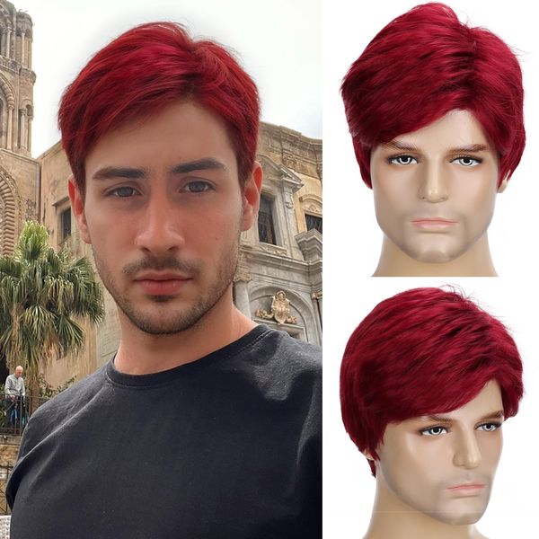 Aokiya Wine Red Wigs for Men Short Layered Burgundy Men’s Wig Synthetic Male Guy Wig for Cosplay Costume and Daily Wear