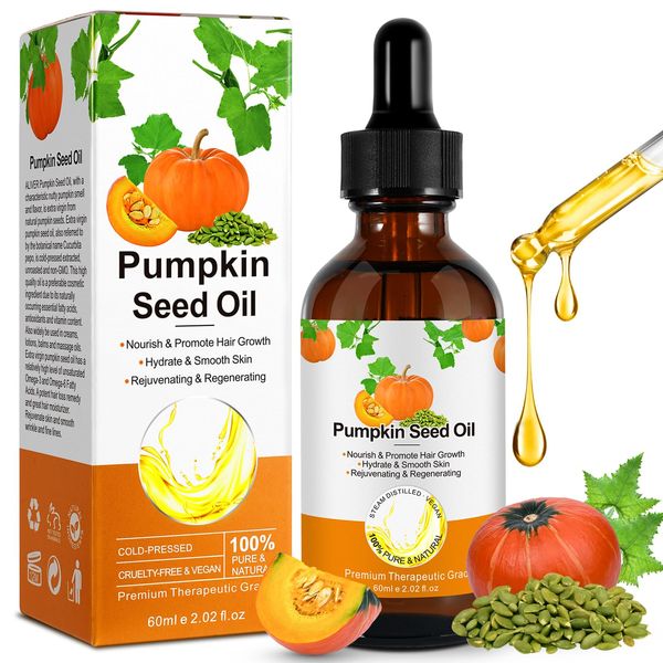 Pumpkin Seed Oil Kürbiskernöl, Bio Kürbiskernöl für Haare, Haarwachstum, Pure Cold Pressed Hair Oil Nourish Dry Damaged Hair and Hydrate Skin, Pumpkin Essential Oil for Face Hair Loss Treatment 60ml