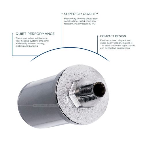 Midline Valve 6J363-5 Steam Radiator Air Vent; Heat Regulator Valve; Straight Mount; 1/4 in. MIP; Chrome Plated Steel (5 Pack)