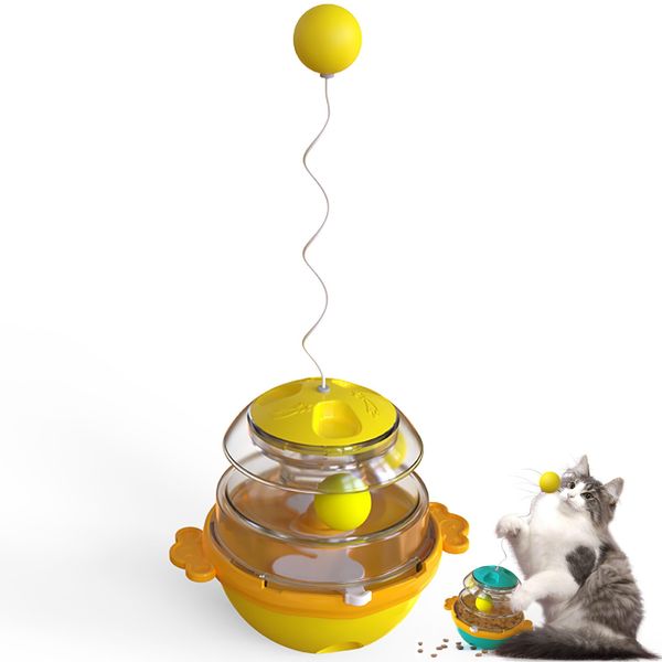 KITIVIALA 2-in-1 Cat Treat Puzzle with Balls, Indoor Cat Treat Dispenser Toy, Interactive Feeder Ball Toy, Cat Treats Temptations, Tumbler Brain Stimulating Puzzle Feeder, for Cats (Yellow)