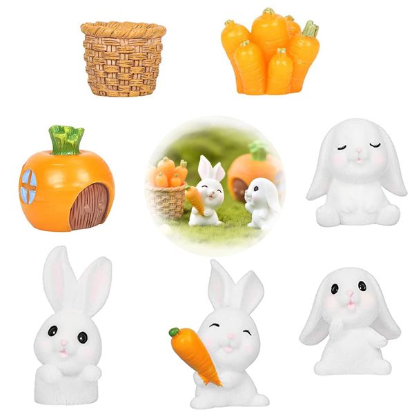 Eterspr Miniature Rabbit Collection White Rabbit Figurines, Pack of 7, Easter Decoration