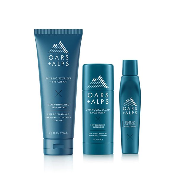 Oars + Alps Men's Skin Care Kit, Gift Set Includes Face Wash, Eye Roller, and Moisturizer, Vegan and Gluten Free, TSA Approved, 3 Items Total