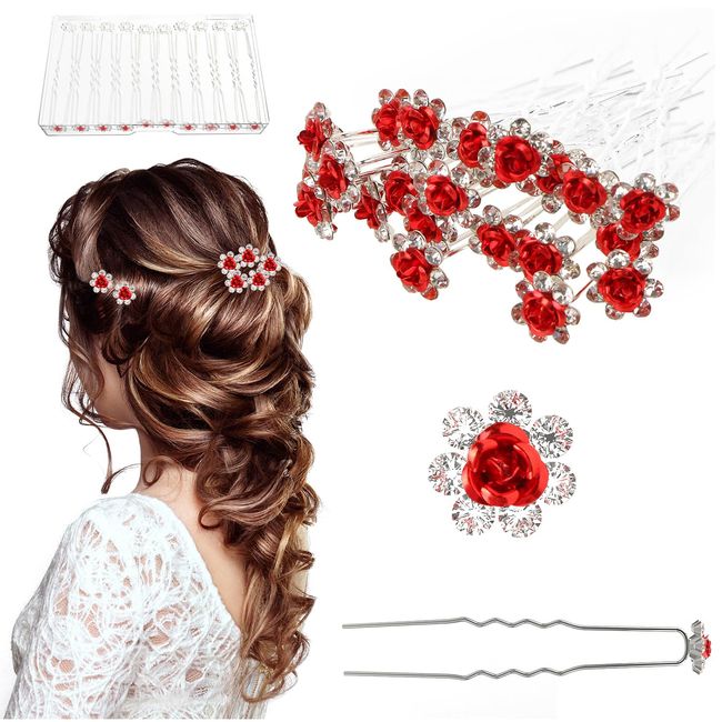 UHONEMY 25pcs Bridal Wedding Hair Pins with Crystal Rose Flower Crystal Diamante Rose Flower Rhinestone Hair Pins Clips for Bridal Wedding Women Hair Jewelry Accessories (Red)