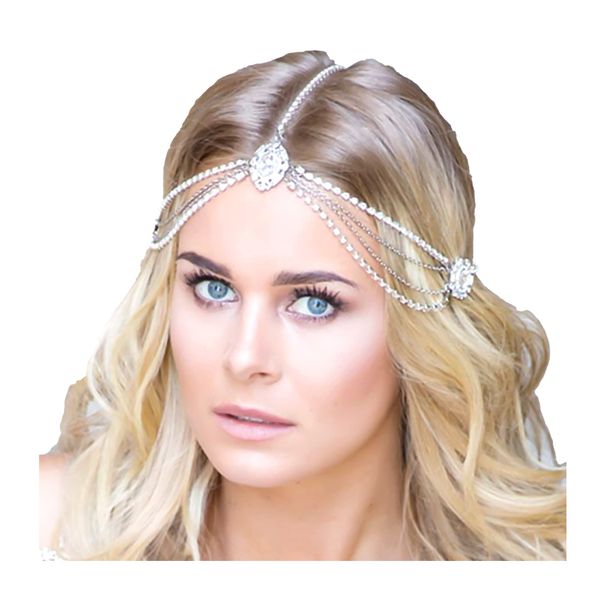 NAISKA Crystal Rhinestones Head Chain Jewelry Silver Tassel Crystal Flapper Forehead Headpiece Bohemian Hair Jewelry Wedding Bride Prom Costume Gatsby Deadband Hair Accessories for Women and Girls