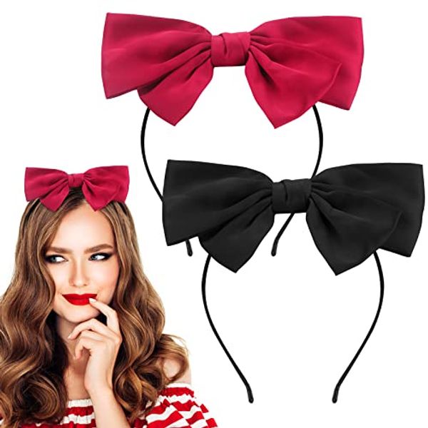 Greoer Red Bowknot Hairband, Soft Cloth Red Ribbon Headband, Elastic School Uniform Bow Headband Hair Accessories for Girls and Women, Ideal for School, Birthday, Halloween Costume, Daily Decoration