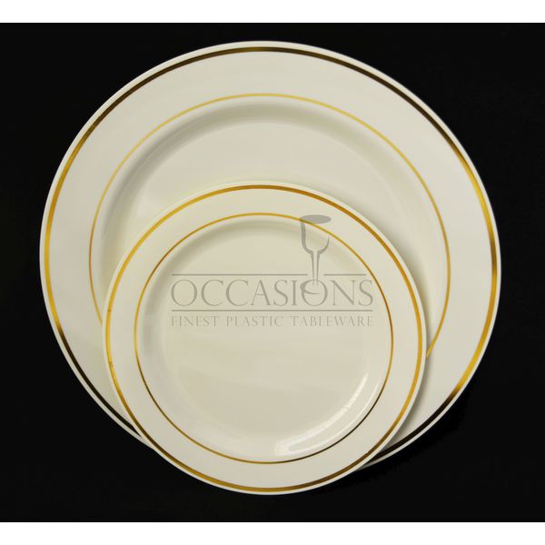 " OCCASIONS " Wedding Party 9'', 7.5'', 6'' disposable plastic plates and silverware combo (60, Bone w/gold rim)