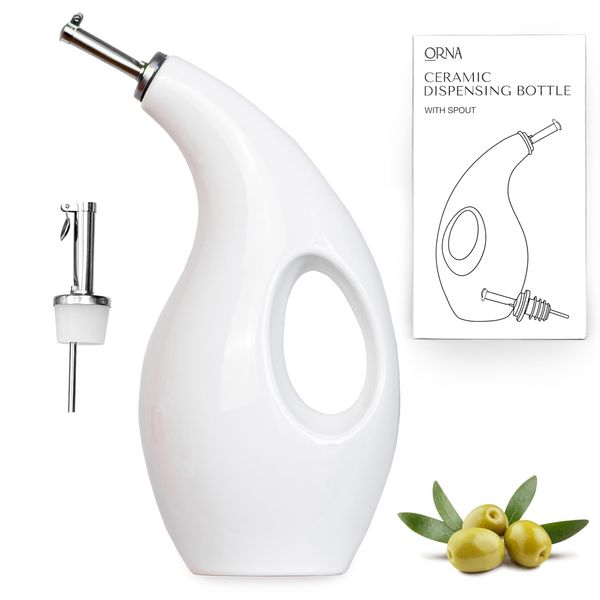 ORNA Ceramic Oil Dispenser Bottle with 2 Pourers – 700ml / 24 Oz Drizzle Bottle – Cruet Dispensing Bottle for Kitchen with Stainless Steel Spouts for Olive Oil, Vinegar, Syrup – White