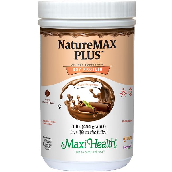 Maxi-Health NatureMAX Plus Energy Support Drink Soy Protein Powder - Sugar Free Diet Supplement - 20g Protein Per Serving - Natural Chocolate Flavor - Kosher Vitamin - 1lb