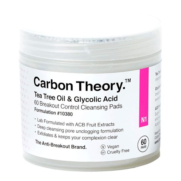 Carbon Theory Tea Tree Oil & Glycolic Acid Exfoliating Scrub Breakout Control Cleaning Pads | Natural, Vegan and Cruelty Free | 60 Pads