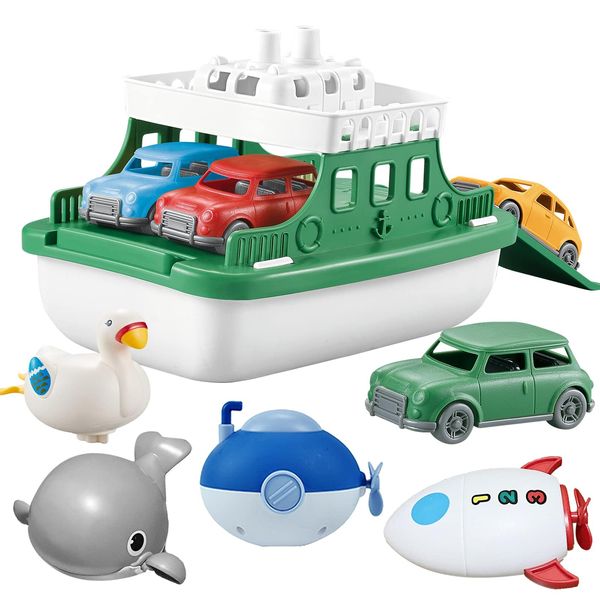 OKGIUGN Ferry Boat with 4 Car and 4 Wind Up Bath Swimming Toys, Kids Bath Toy Floating Vehicle Whales Submarines Swans Rockets, Bathtub Bathroom Pool Beach Toy Set for Toddlers Boys Girls