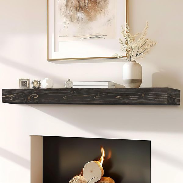 60X8X3 Fireplace Mantel - Handcrafted Hollow Rustic Solid Wood Wall Mounted Floa
