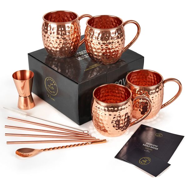 ALARUE Moscow Mule Copper Mugs Set - 4 Authentic Handcrafted Mugs (16 oz.) with 4 Copper Straws, Stirrer and Jigger - Food Safe Pure Solid Copper - Gift set with Recipe Book