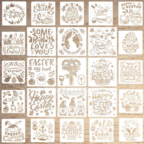 Puideon 25pcs Easter Stencils Reusable for Crafts for Painting on Wood Fabric Walls Canvas Scrapbook Home Decor,Happy Easter Bunny Eggs Drawing Template Stencils for Kids