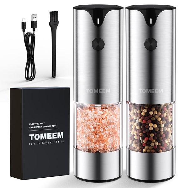 [Upgraded Larger Capacity] Electric Salt and Pepper Grinder Set Rechargeable with LED lights - Stainless Steel Automatic Pepper and Salt Grinder Refillable with 6 Adjustable Coarseness