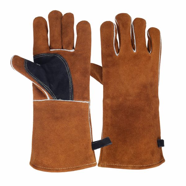 NBLEAGLO Leather Fireplace Gloves Heat Resistant for Mig,Tig welding,Stick,Forge,BBQ,Grill, Wood Stove,Fireproof Stitching (Brown &Black Reinforced Palm)