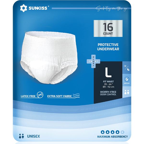 SUNKISS TrustPlus Unisex Incontinence Disposable Underwear, Large, 16 Count - Heavy Absorbency, Barrier Leak Protection, Odor Control, Soft, Flexible Fabric