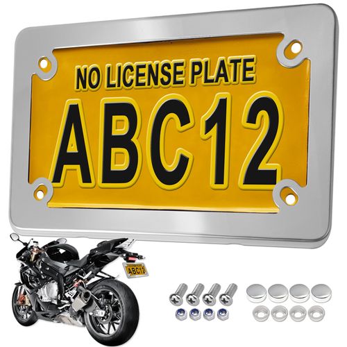 BGGTMO Motorcycle License Plate Frame, Chrome Stainless Steel Tag Holder for Bike Moto Moped Motorbike Scooter, Cool Silver Metal Bracket with Screws Nuts Caps, 1 Pack