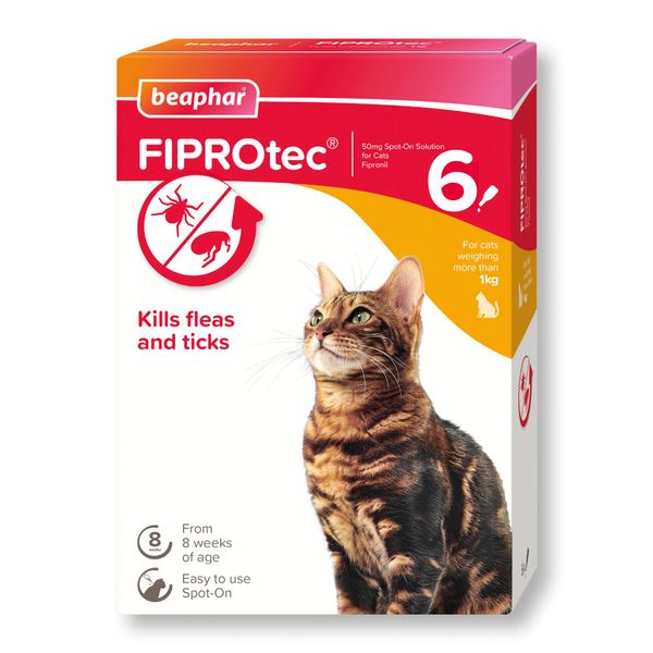 Beaphar | FIPROtec Spot-On for Cats | Kills Fleas & Ticks | Vet Strength Treatment | Easy to Apply | Suitable for Cats & Kittens from 8 Weeks of Age, Weighing more than 1kg | 6 Pipettes