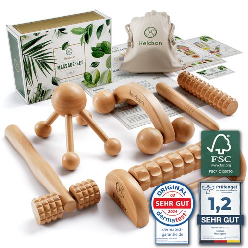HELDSON® Premium Wooden Massage Set [6 Pieces] FSC®100% - Various Massagers & Massage Roller - Foot Massage, Head Massage, Trigger Point Pusher - Relaxation Therapy Tools - Anti Cellulite, Stress