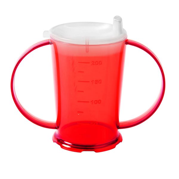 Harfield Translucent Red 2-Handled Beaker & Narrow Spout Drinking Aid Sippy Cup Reusable Virtually Unbreakable Copolyester Plastic