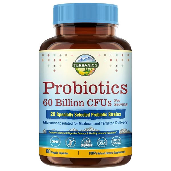 Terranics Probiotics 60 Billion CFU, 20 Strains, 60 Veg Capsules, Prebiotics ...