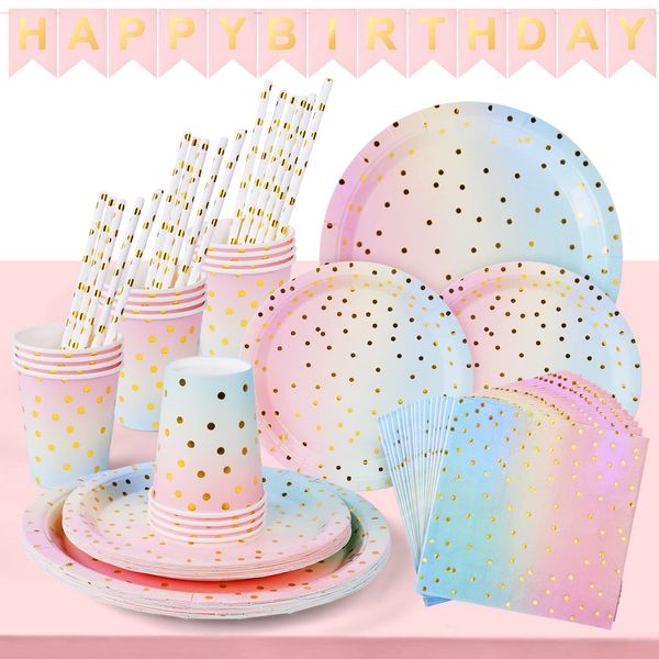 OSDUE 82PCS Pink and Gold Party Supplies Set, Girls Party Supplies Set with Pink Party Paper Plates Cups Napkins Tablecloth Straws Birthday Banner Party Supplies Decorations -Serves 16 Guests