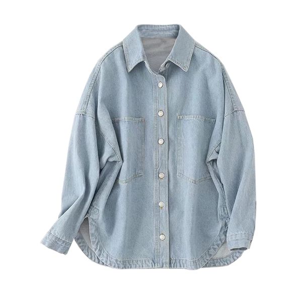 Women’s Oversized Jean Shirt Button Up Shacket Long Sleeve Pockets Denim Jean Jacket